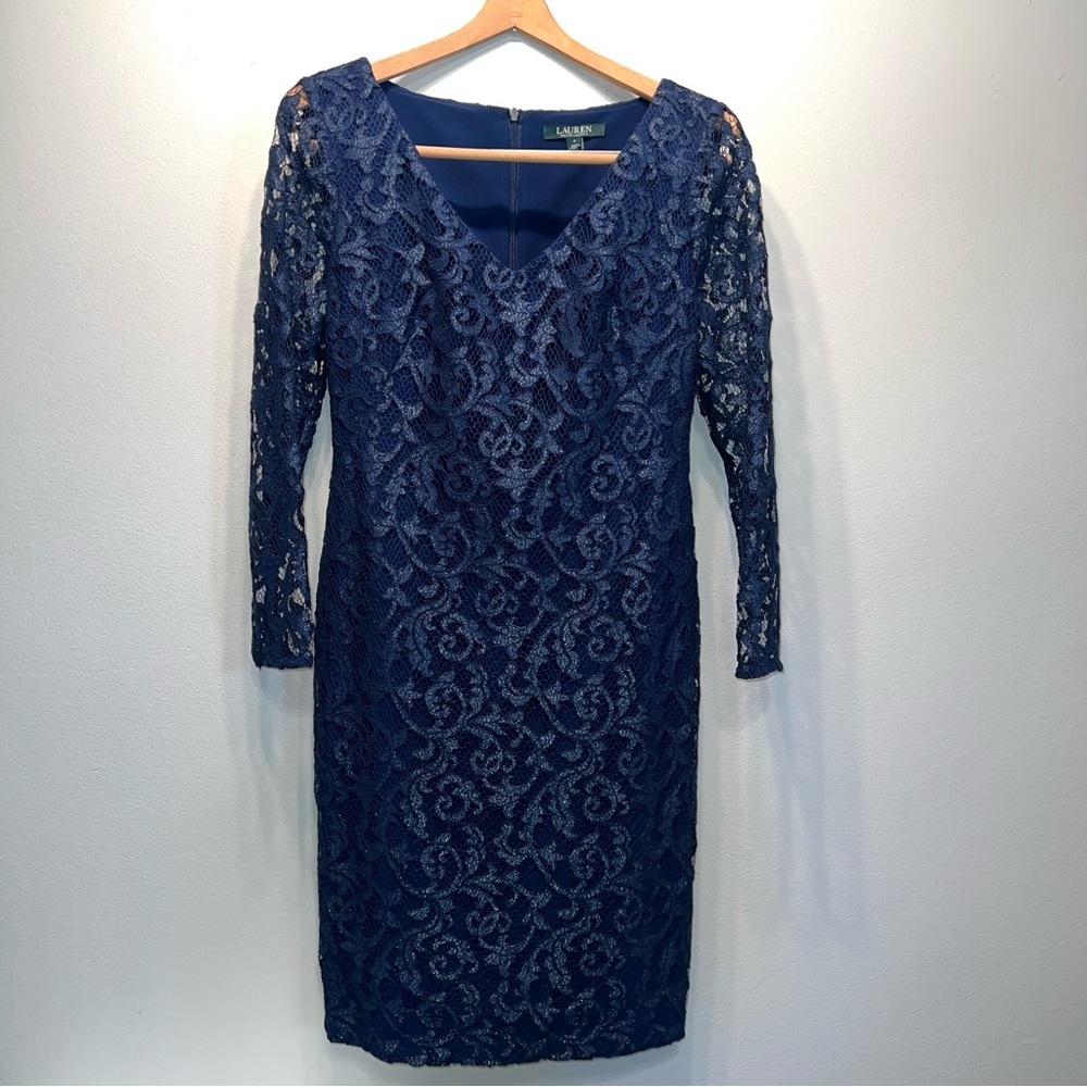 LAUREN Ralph Lauren Women's Lace Overlay Evening Dress Size 4 Navy Long Sleeve